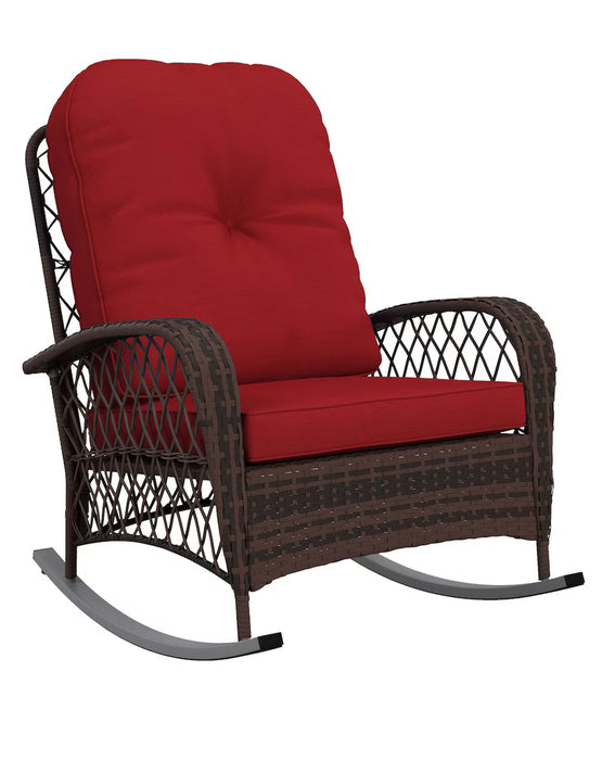 Outsunny Rattan Rocking Chair Wicker Patio Rocker Chair with Cushion, Red (new)
