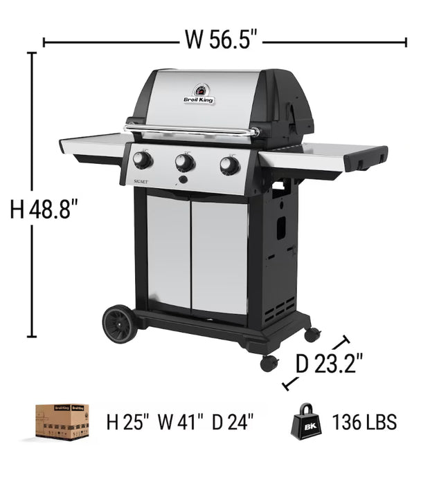 Broil King Signet 320 3-Burner Propane Gas BBQ Grill in Stainless Steel and Black (New)