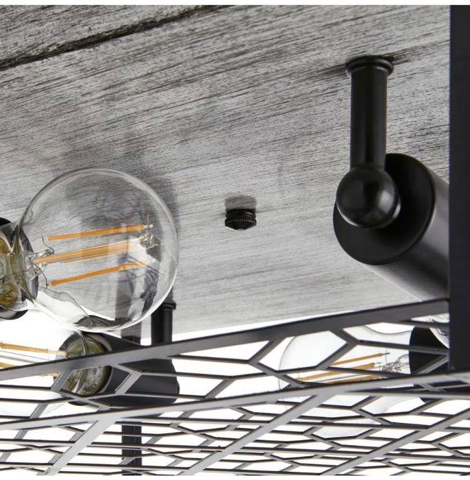 4-Light Black Metal & Faux Wood Square Cage Flushmount Ceiling Light