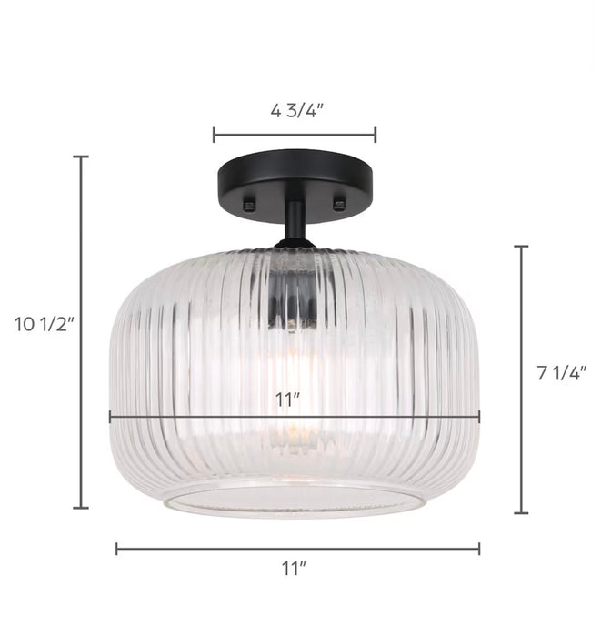 Canarm HOLT 1-Light Matte Black Semi-Flush Mount with Clear Ribbed Glass Shade (new)