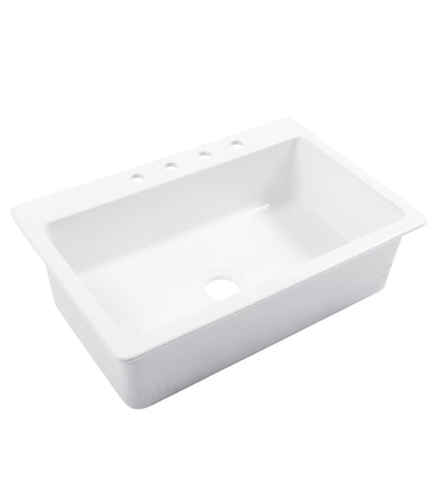 Sinkology Jackson Crisp White Fireclay 33" Single Bowl Drop-In Kitchen Sink with 4 Holes (new)