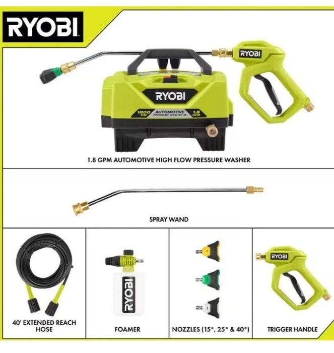 RYOBI 1.8 GPM Automotive High Flow Electric Pressure Washer Kit (New)