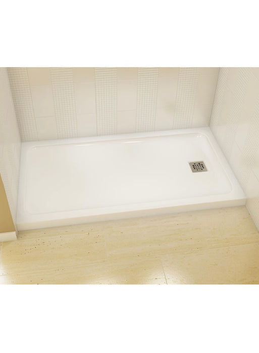 MAAX Olympia 60L x 32W x 3H Rectangular Acrylic Shower Base Pan in White with Stainless Steel Right Grid Drain Included (new)