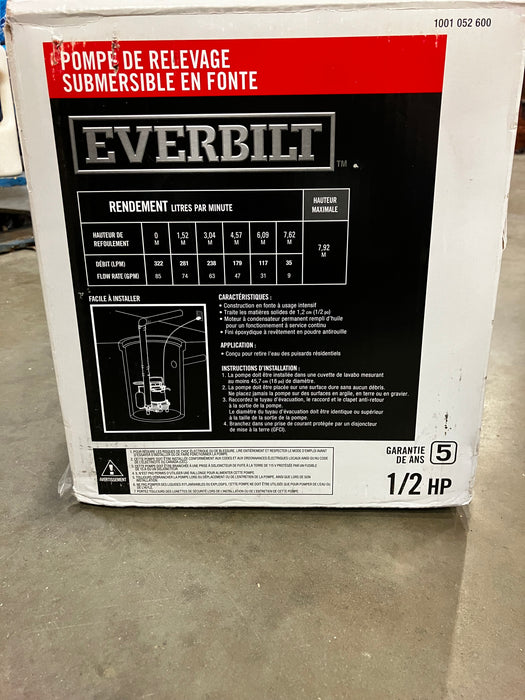 Everbilt 1/2 HP Cast Iron Sump Pump (New)