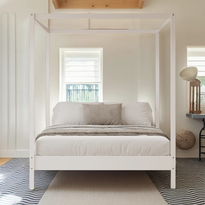 Solid Wood Canopy Bed Frame - Colour White, Size Queen -Elegant Canopy Bed Frame – 4-Poster Platform Bed with Slats, No Box Spring Needed