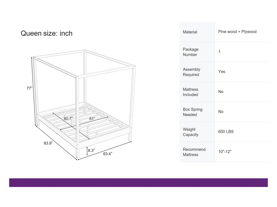 Solid Wood Canopy Bed Frame - Colour White, Size Queen -Elegant Canopy Bed Frame – 4-Poster Platform Bed with Slats, No Box Spring Needed