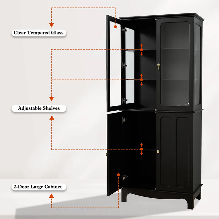 Ellerby 72" Freestanding Kitchen Pantry with Glass Doors and Adjustable Shelves - Finish Black - HO-GP-B