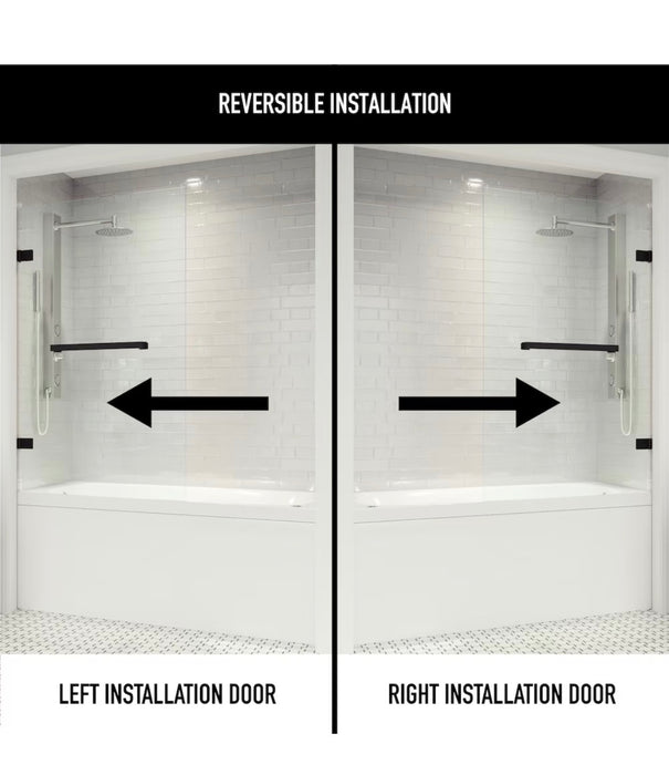 VIGO Rialto 34 in. W x 58 in. H Frameless Hinged Bathtub Door in Matte Black with Clear Glass and Handle (new)