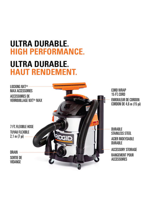 RIDGID 37.5L (10 Gal.) 6.0 Peak HP Stainless Steel Wet Dry Shop Vacuum with Filter, Hose and Accessories
