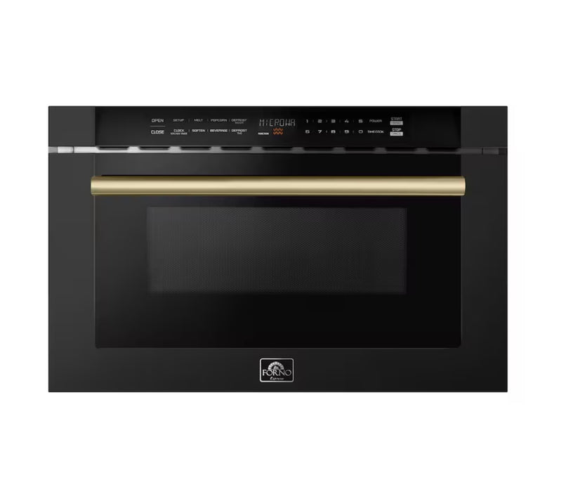 Forno Espresso Capoliveri 24" Microwave Drawer in Black, 1.2 cu.ft., 1000 Watt, Antique Brass Handle (new)