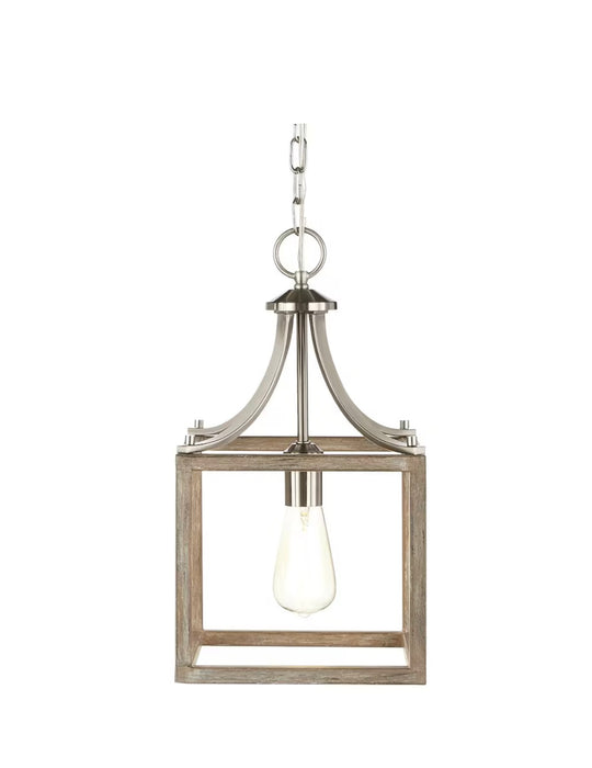 Hampton Bay Boswell Quarter 9.44-inch 1-Light Brushed Nickel Kitchen Island Mini Pendant with Painted Weathered Gray Wood Accents (new)