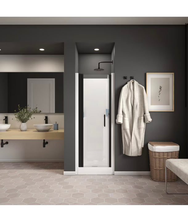 MAAX Cappadocia 23 to 25 in. W x 68 in. H Frameless Reversible Shower Door with 180-Degree Pivot Opening in Matte Black & Clear Tempered Glass (new)