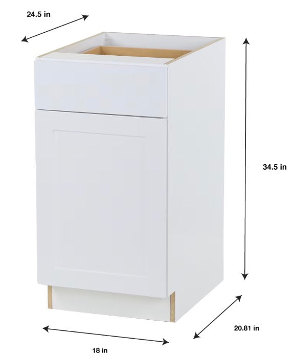 Edson 18 in. W x 35 H x 25 D Assembled Kitchen Door Drawer Base Cabinet, White (B18L)