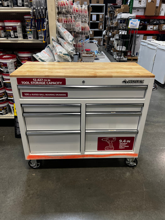 Husky Standard-Duty 41-inch W 7-Drawer Mobile Workbench with Solid Wood Top in Gloss White (used, as is)