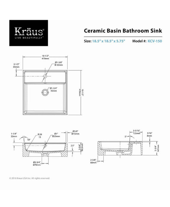 Kraus 18.60-inch x 5.80-inch x 18.60-inch 1-Hole Square Ceramic Bathroom Sink (New)