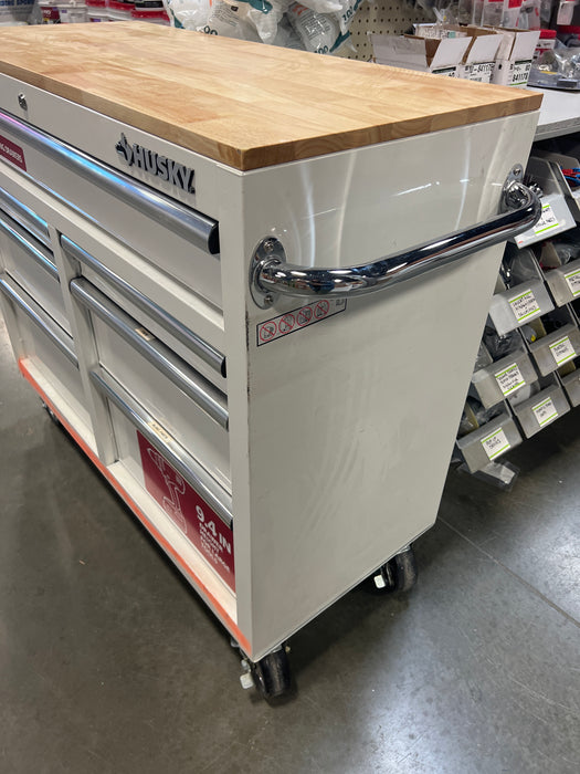 Husky Standard-Duty 41-inch W 7-Drawer Mobile Workbench with Solid Wood Top in Gloss White (used, as is)