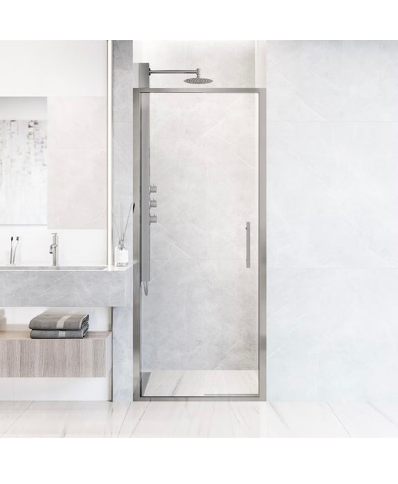 VIGO Astoria 31 to 32 in. W x 76 in. H Framed Pivot Shower Door in Chrome with 8mm Clear Tempered Glass and Handle (new)
