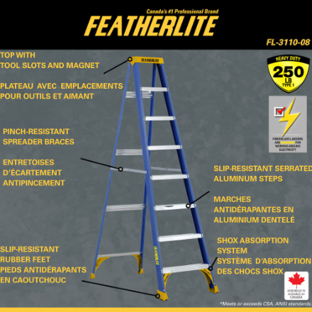 Featherlite 8 ft. Fibrerglass Step Ladder with 250 lbs. Load Capacity, Type I Duty Rating (New)