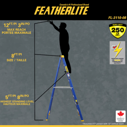 Featherlite 8 ft. Fibrerglass Step Ladder with 250 lbs. Load Capacity, Type I Duty Rating (New)