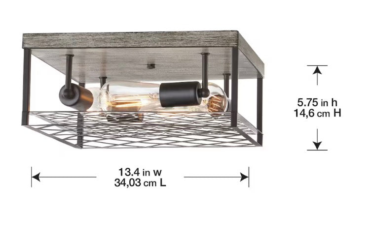 4-Light Black Metal & Faux Wood Square Cage Flushmount Ceiling Light