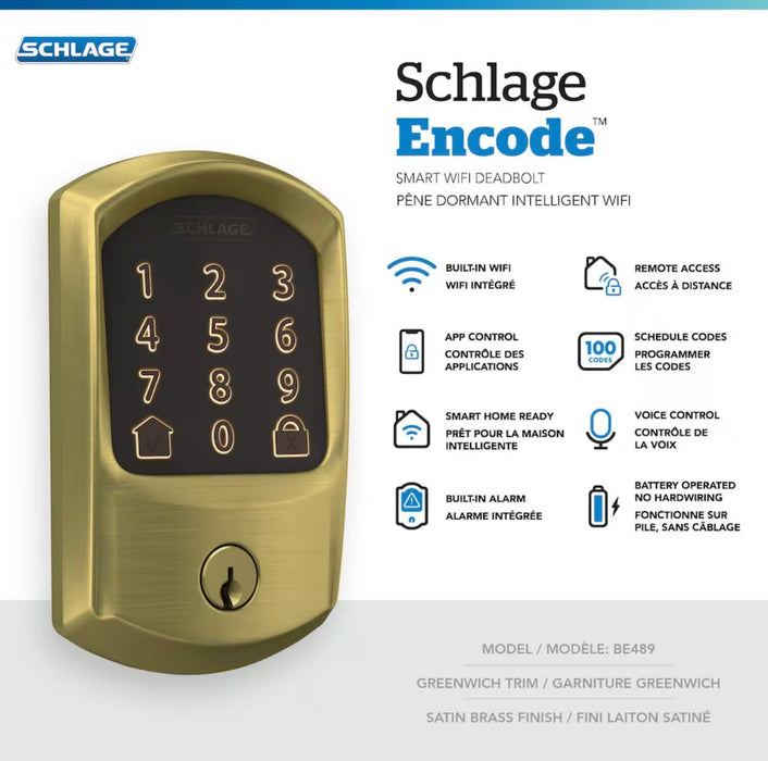 Schlage Encode Gold Wifi Touchpad Electronic Deadbolt (new)