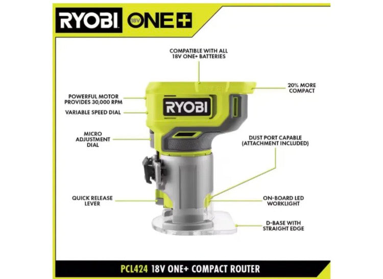 RYOBI 18V ONE+ Cordless Compact Fixed Base Router (Tool-Only)
