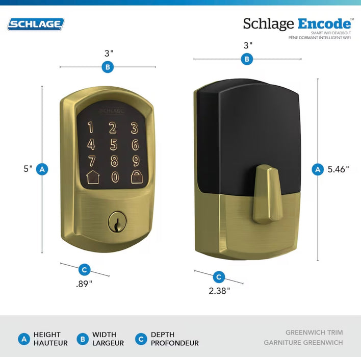 Schlage Encode Gold Wifi Touchpad Electronic Deadbolt (new)