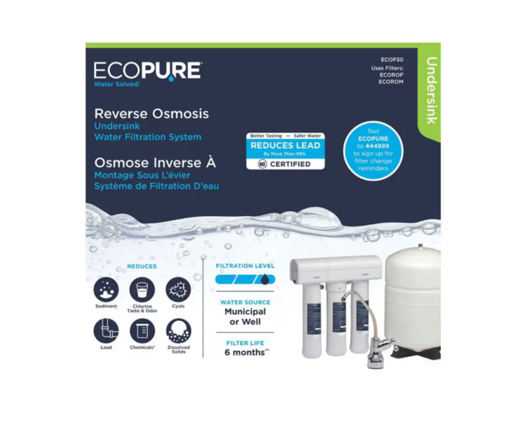 EcoPure Reverse Osmosis Undersink Chlorine, Lead, and Microbe Water Filtration System (New)