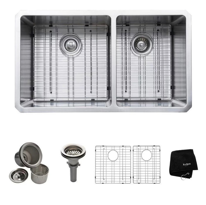 Kraus Undermount Stainless Steel 33-inch 60/40 Double Bowl Kitchen Sink Kit