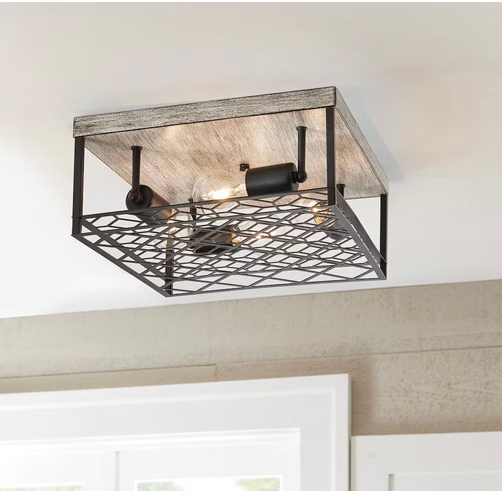 4-Light Black Metal & Faux Wood Square Cage Flushmount Ceiling Light