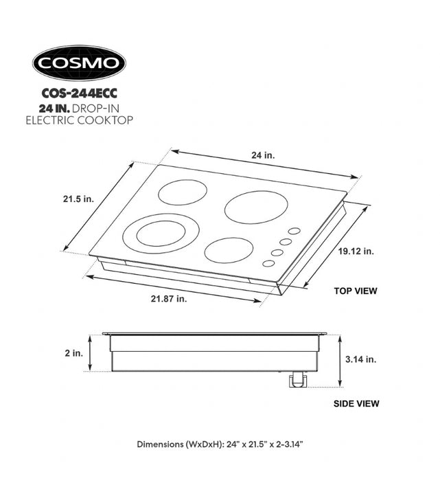 Cosmo 24 in. Electric Ceramic Glass Cooktop with 4 Elements and Control Knobs (New)