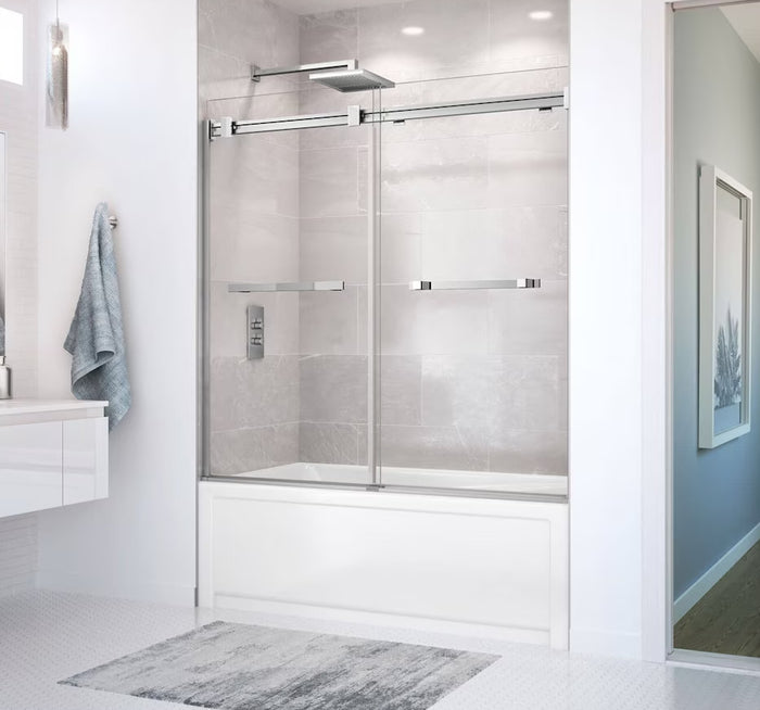 MAAX Duel 56 to 59 in. W x 55.5 to 59 in. H Frameless ByPass Sliding Bathtub Door in Chrome with 8mm Clear Tempered Glass (as is) (New)
