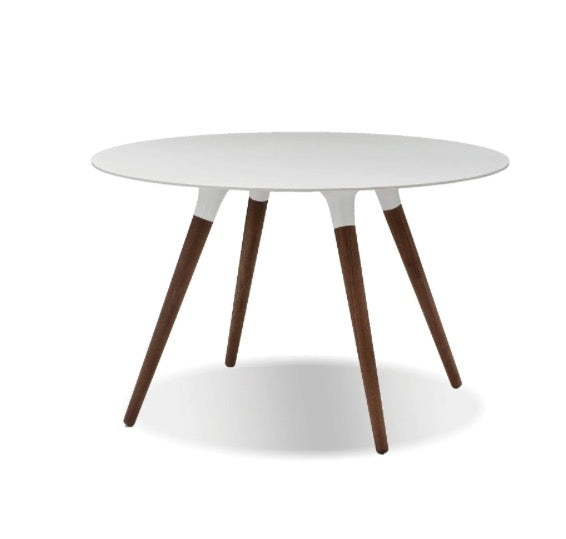 Iztuzu 47" Round 29" High Dining Table with White Solid Surface and Walnut Base