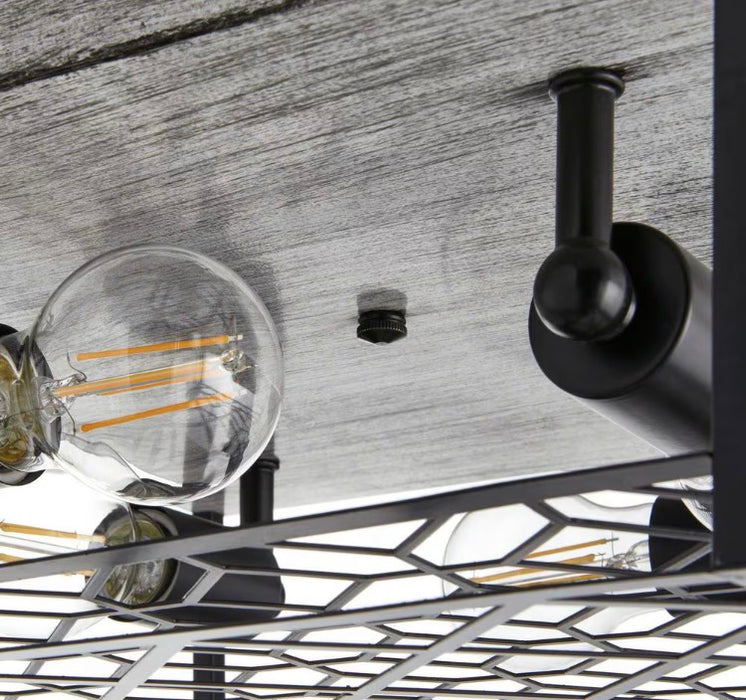 4-Light Black Metal & Faux Wood Square Cage Flushmount Ceiling Light