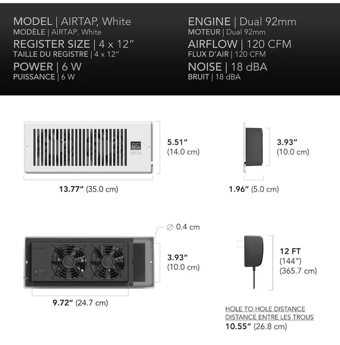 AC INFINITY AIRTAP AC-RBF42-W 120 CFM 4" x 12" Quiet Register Booster Fan w/ Thermostat, Heating Cooling AC Vent (NEW)