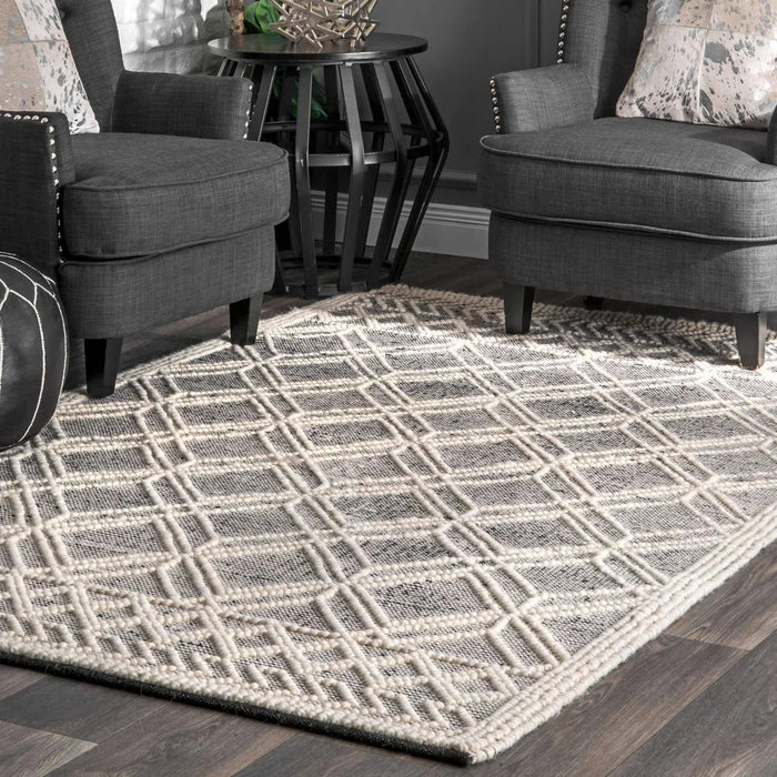 Hathorn Moroccan Trellis Handmade Tufted Black White Wool Rug - Rug Size Rectangle 5' x 8' (NEW)