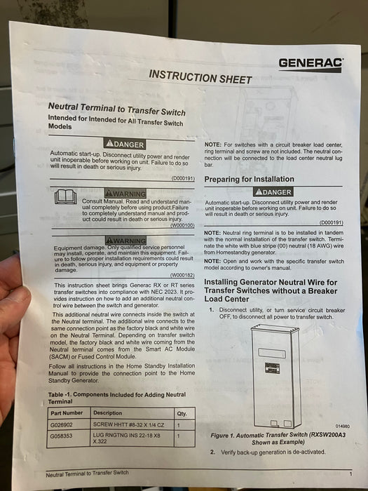Generac Neutral Terminal to Transfer Switch for a Generac Model 6869 (NEW)
