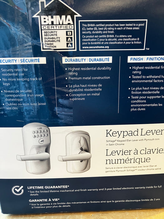 Schlage Plymouth Satin Chrome Electronic Door Lock with Elan Door Lever (New)