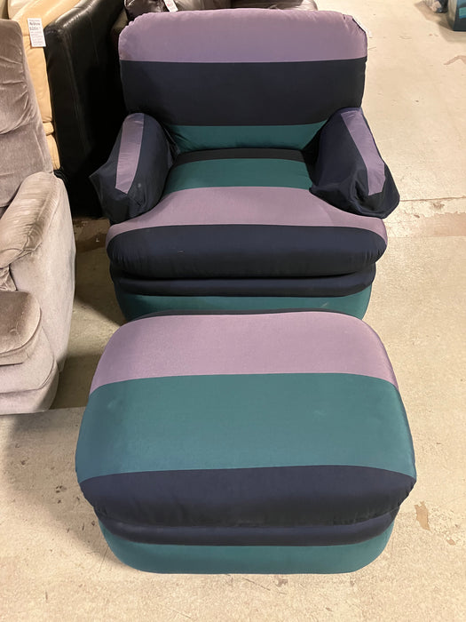 Blue/green striped chair and ottoman (used)