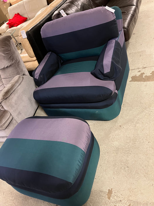 Blue/green striped chair and ottoman (used)