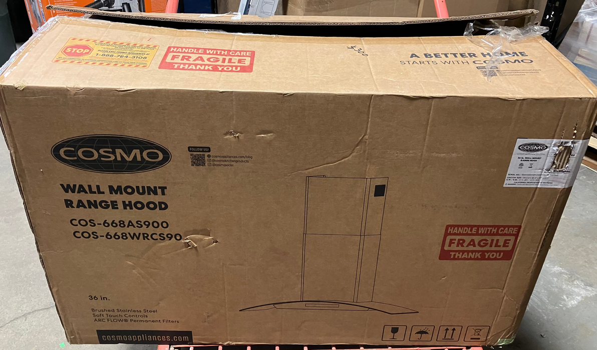Cosmo 36 in. Vista Collection Ductless Wall Mount Range Hood, Touch Controls, Stainless Steel (New)