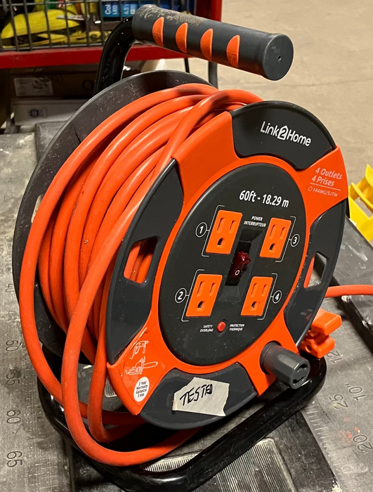 Link2Home 60 ft. 14/3 Extension Cord Storage Reel with 4 Grounded Outlets and Overload Circuit Breaker. (Used)