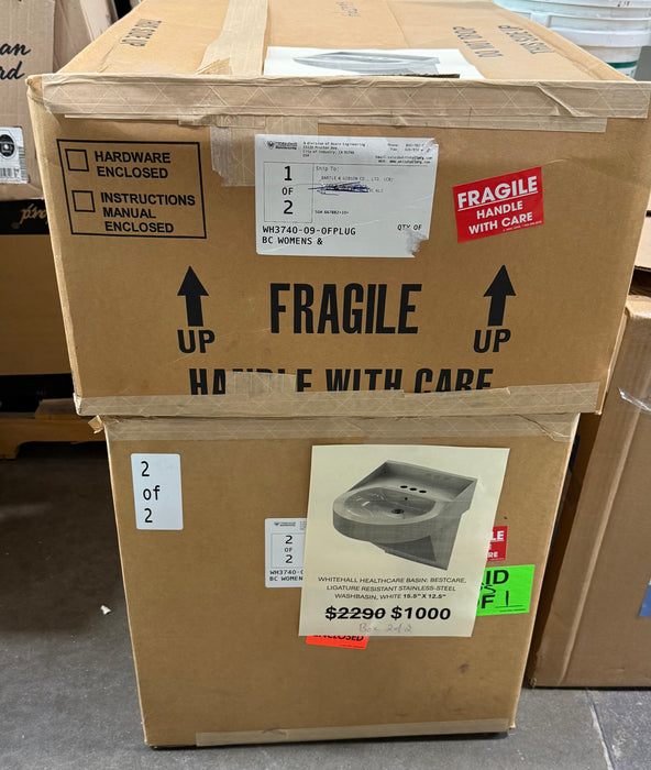 Whitehall 15.5” X 12.5” Healthcare Basin: Bestcare, Ligature Resitant Stainless-Steel Washbasin, White (new)