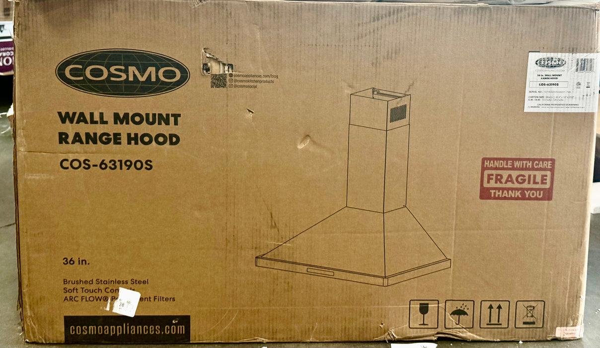 Cosmo 36 in. Vista Collection Ducted Wall Mount Range Hood (new)