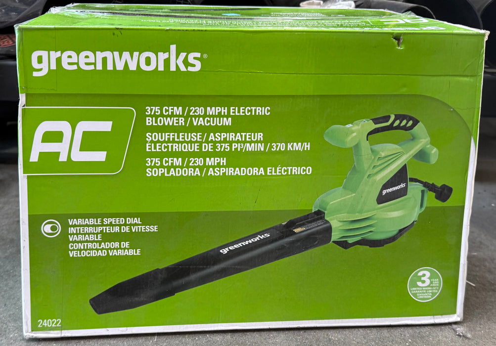 Greenworks 12 A 2-Speed 230-mph 375 CFM Corded Electric Leaf Blower and Vacuum (new)