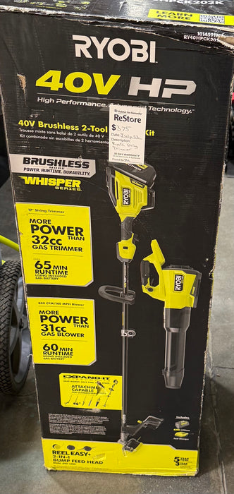 RYOBI 40V HP 17 in. String Trimmer and 180 MPH 800 CFM Leaf Blower Combo Kit (new)