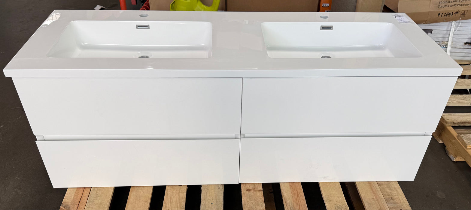 Kalei 60-inch W x 21-inch D 2-Drawer Wall-Mounted Bathroom Vanity with Double Sink and White Polymarble Countertop (new)