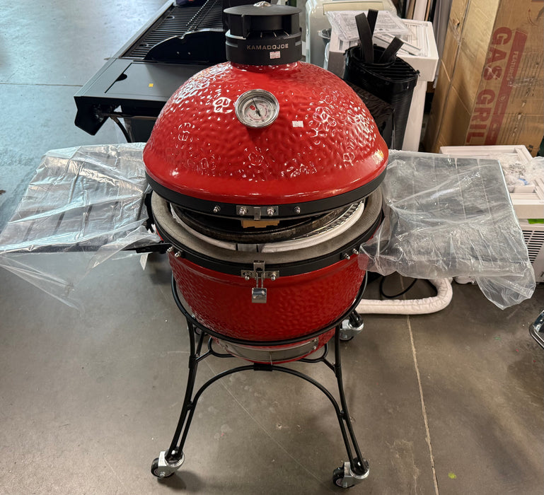 Kamado Joe Classic Joe II 18-inch Charcoal Grill in Red with Cart, Side Shelves, Grill Gripper, and Ash Tool (used)