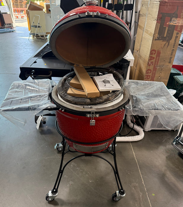 Kamado Joe Classic Joe II 18-inch Charcoal Grill in Red with Cart, Side Shelves, Grill Gripper, and Ash Tool (used)