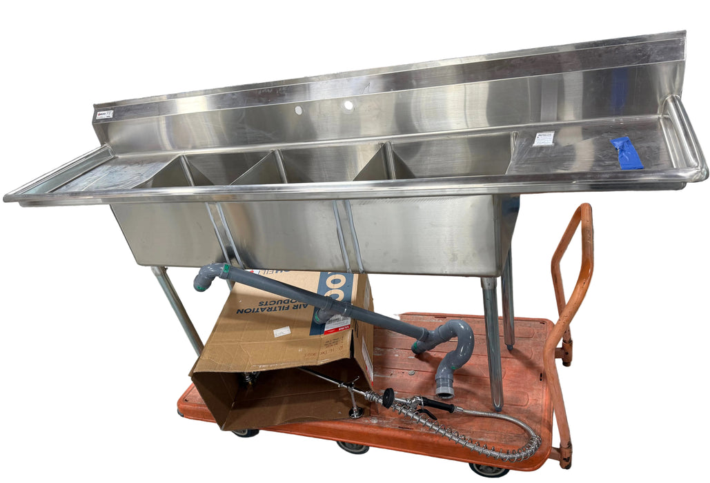 Commerical Grade 90 in. Three Compartment Stainless Steel Sink With Rinsing Assembly and Faucet (new)